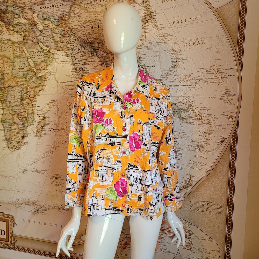 Susan Graver Style Womens M Jacket orange pink flowers sketch art vacation bling